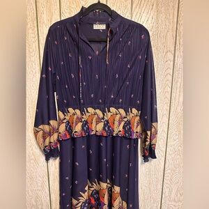 Vintage 70s Purple Printed Peplum Long Sleeve Dress